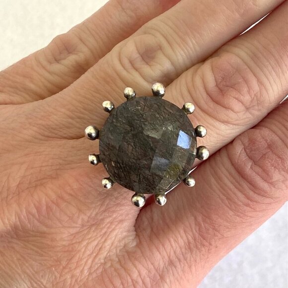 Sterling Silver 925 Large Round Faceted Tourmalated Quartz Cocktail Ring Sz 6.75 - Picture 13 of 16
